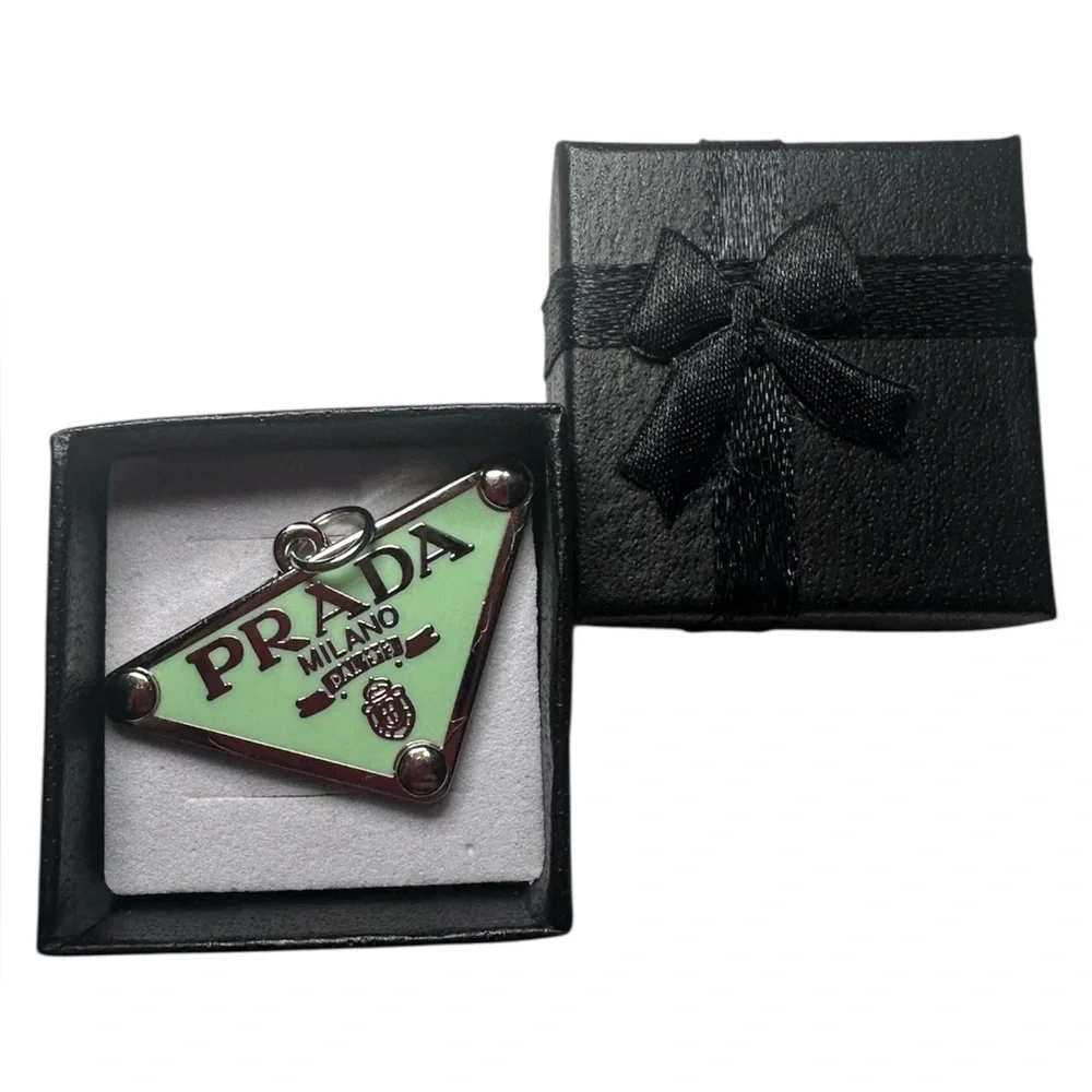 Prada Mint Green and Silver Triangle Logo Zipper Pull Charm Made in Italy_10